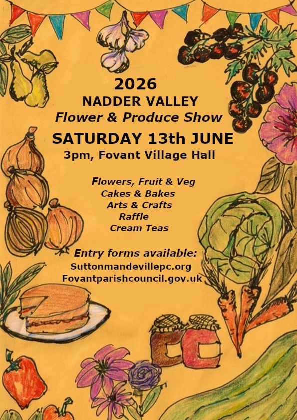 Poster for 2026 NADDER VALLEY Flower & Produce Show with details and illustrations of produce.