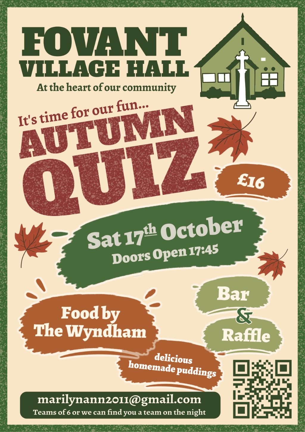 Poster for the Fovant Village Hall Autumn Quiz, Saturday 17 October, doors open 17:45, £16, food by The Wyndham, bar and raffle, teams of 6