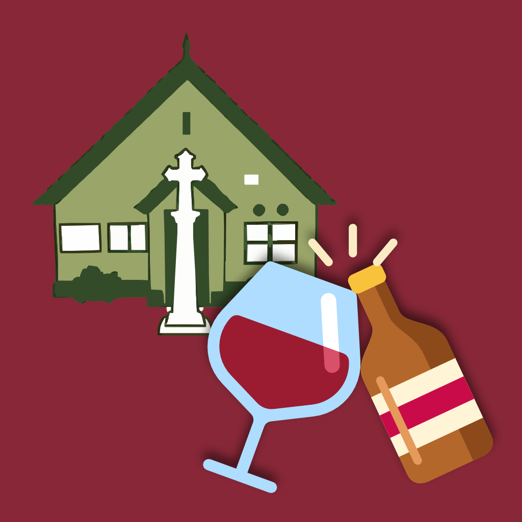 Illustration of the village hall with a glass of wine and a bottle